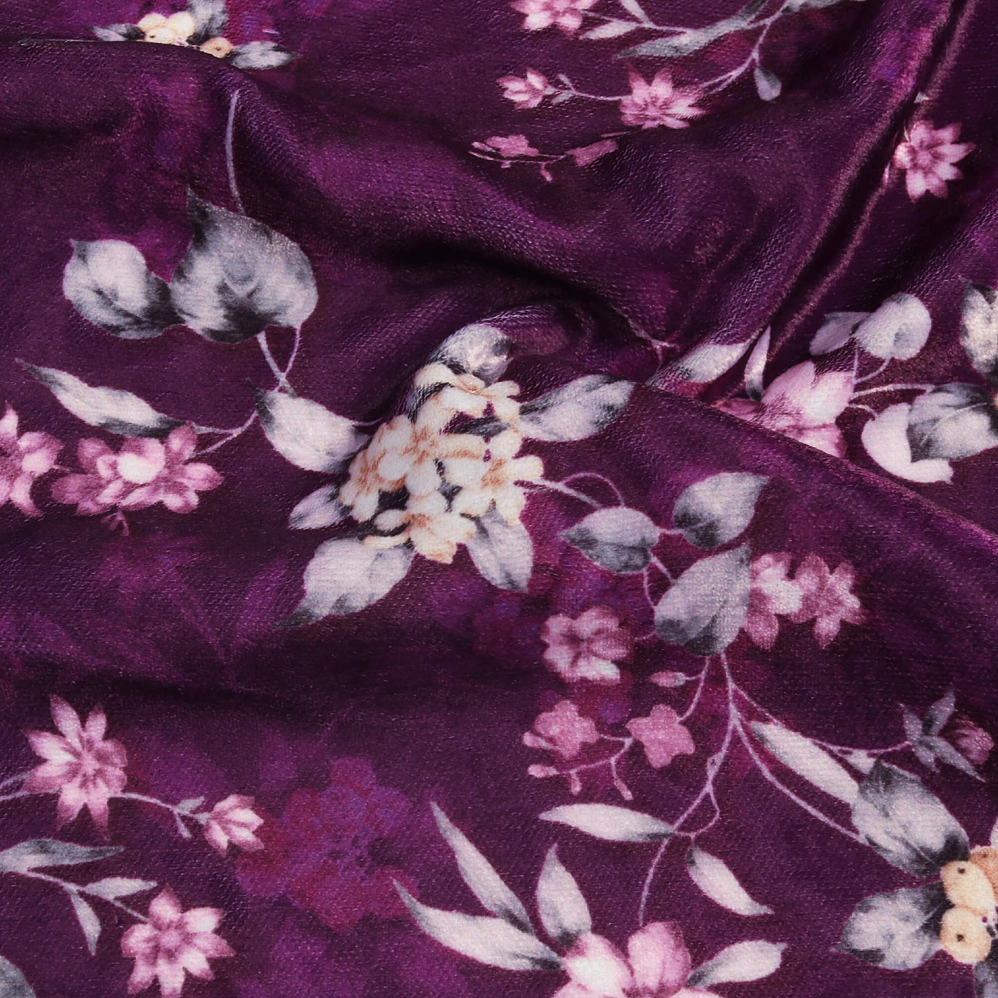 Wine Purple And Peach Floral Pattern Digital Print Premium Velvet Fabric