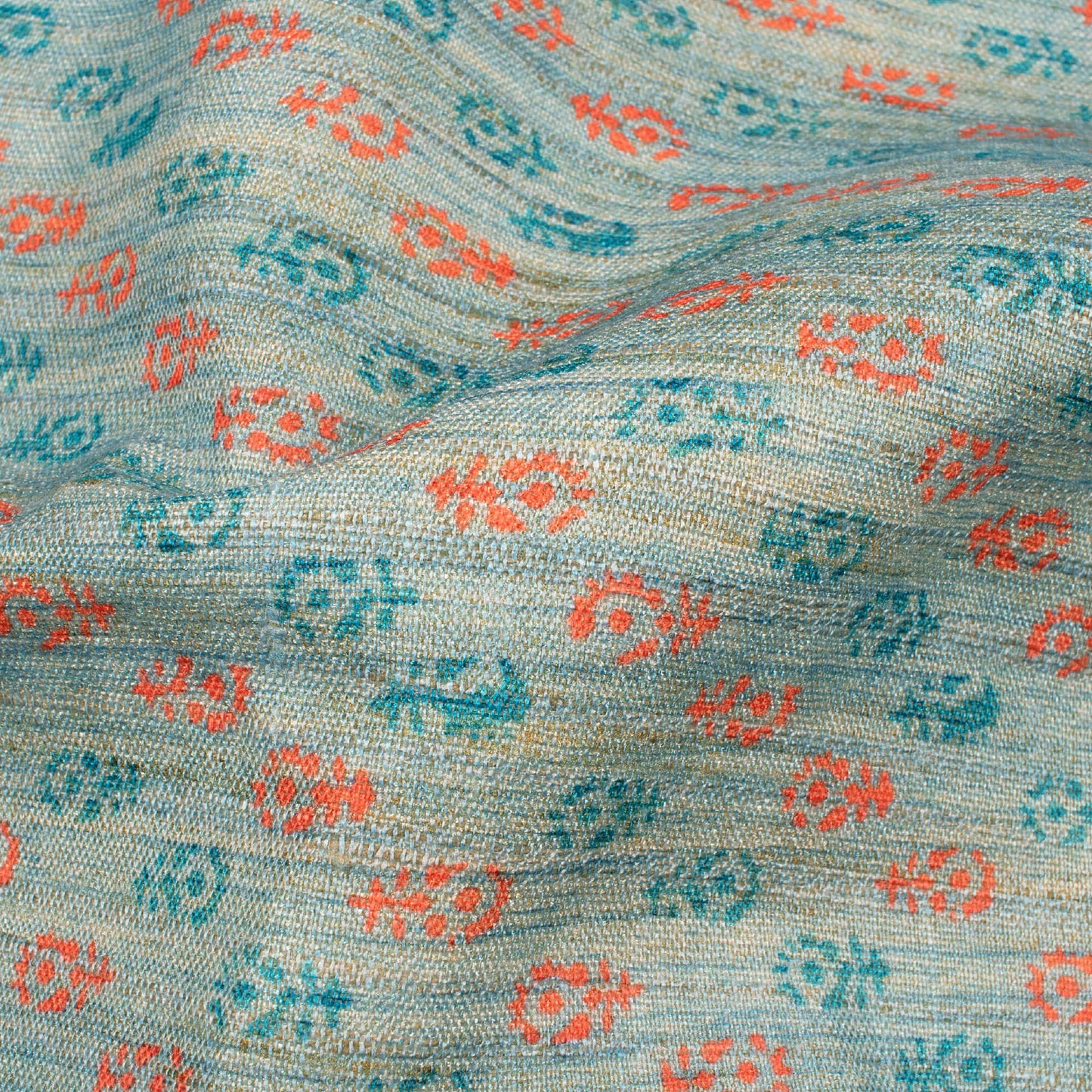 Carolina Blue And Cerise Pink Booti Pattern Digital Print Textured Blend Fabric (Width 58 Inches)