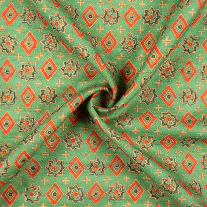 Jade Green And Cherry Red Geometric Pattern Digital Print Textured Blend Fabric (Width 58 Inches)