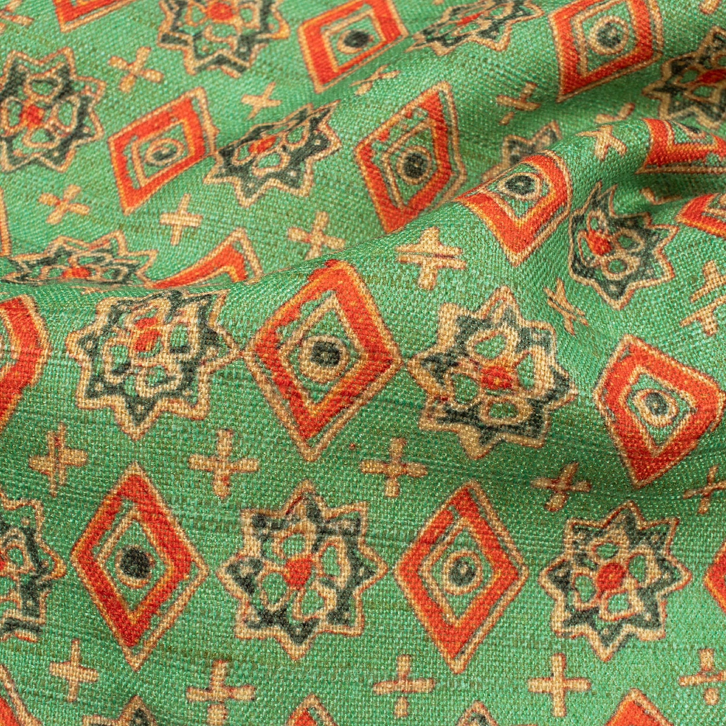 Jade Green And Cherry Red Geometric Pattern Digital Print Textured Blend Fabric (Width 58 Inches)