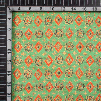 Jade Green And Cherry Red Geometric Pattern Digital Print Textured Blend Fabric (Width 58 Inches)