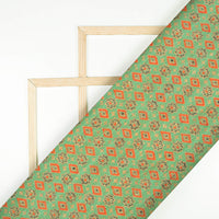 Jade Green And Cherry Red Geometric Pattern Digital Print Textured Blend Fabric (Width 58 Inches)