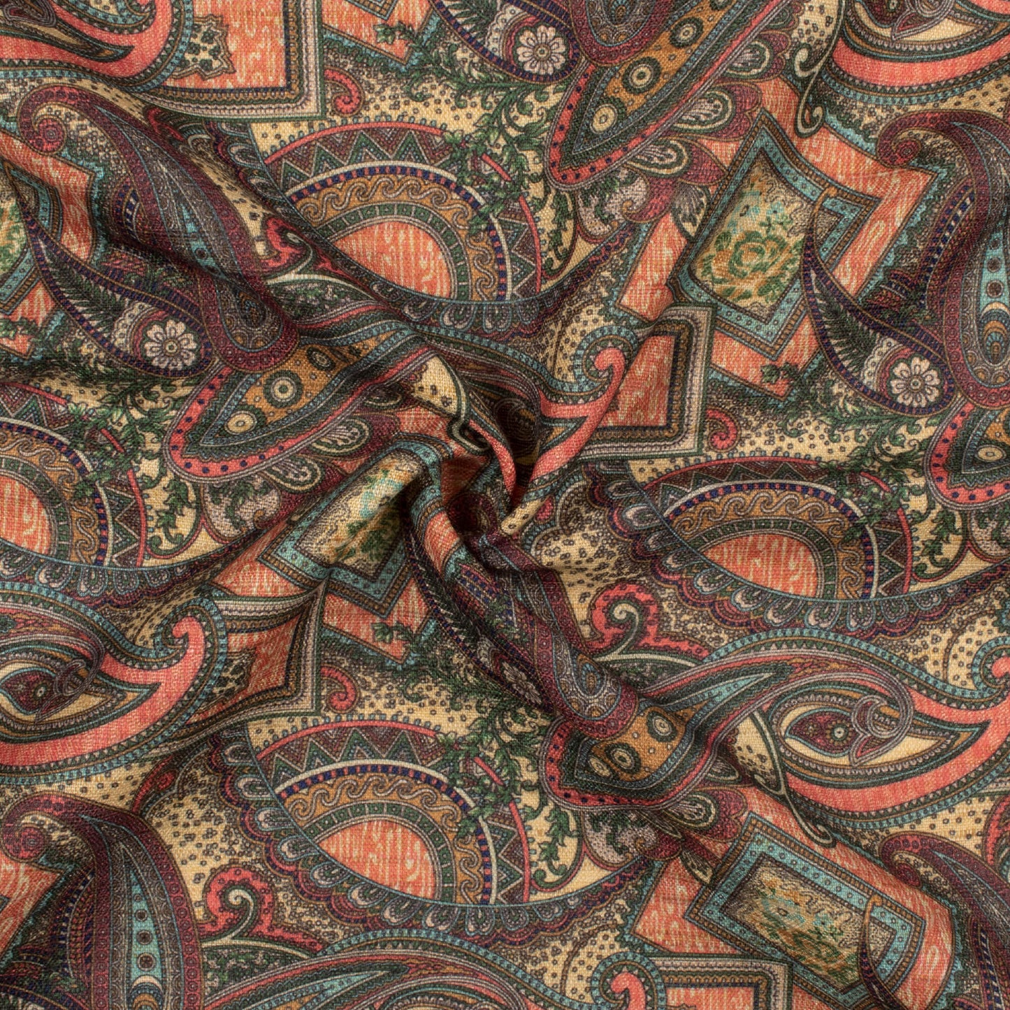 Coral Peach And Maroon Paisley Pattern Digital Print Textured Blend Fabric (Width 58 Inches)