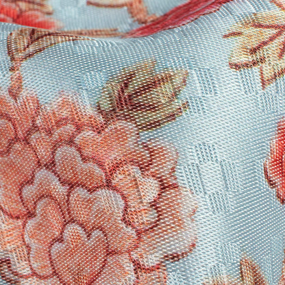 Baby Blue And Punch Pink Floral Pattern Digital Print Sherwani Fabric (Width 60 Inches)