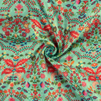 Mint Green And Candy Red Floral Pattern Digital Print Sherwani Fabric (Width 60 Inches)