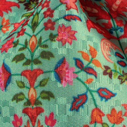 Mint Green And Candy Red Floral Pattern Digital Print Sherwani Fabric (Width 60 Inches)