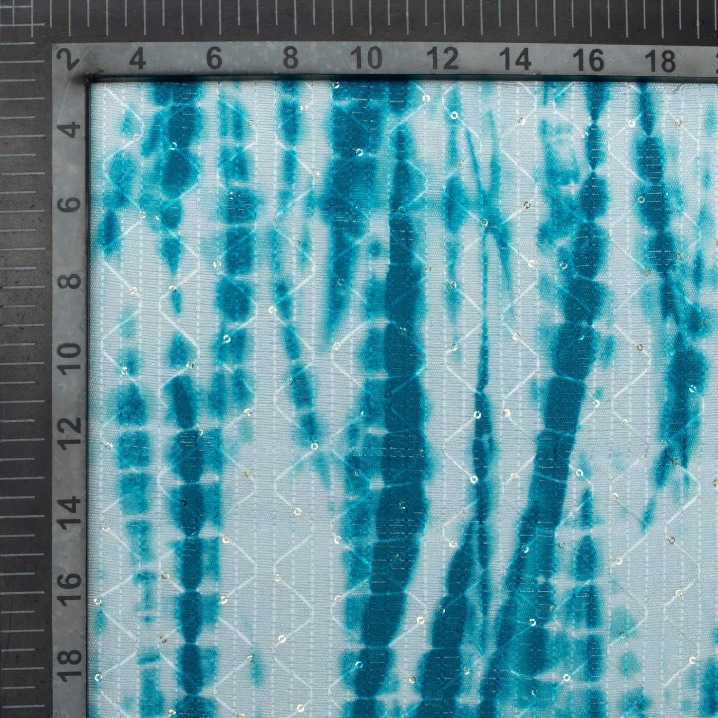 Teal Blue And White Shibori Pattern Digital Print Sequins Embroidery Banglori Art Silk Fabric
