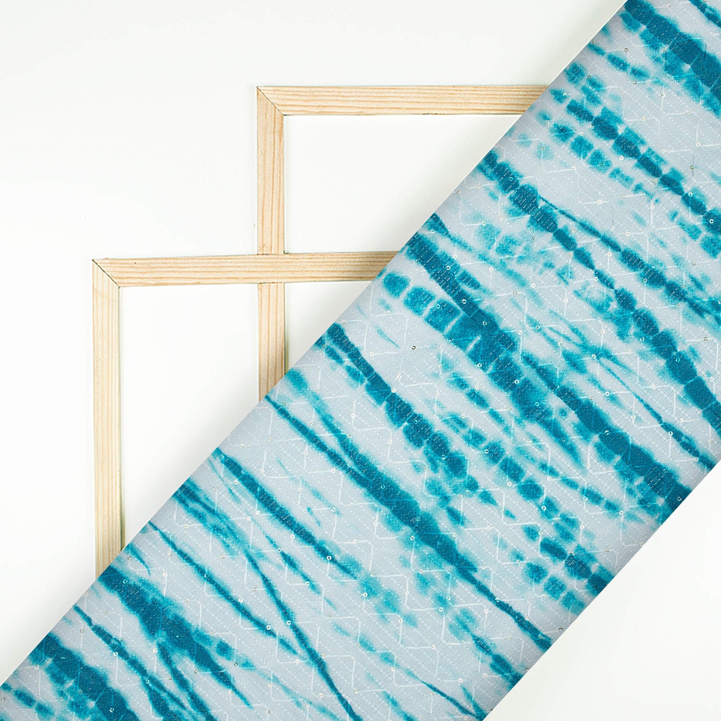Teal Blue And White Shibori Pattern Digital Print Sequins Embroidery Banglori Art Silk Fabric