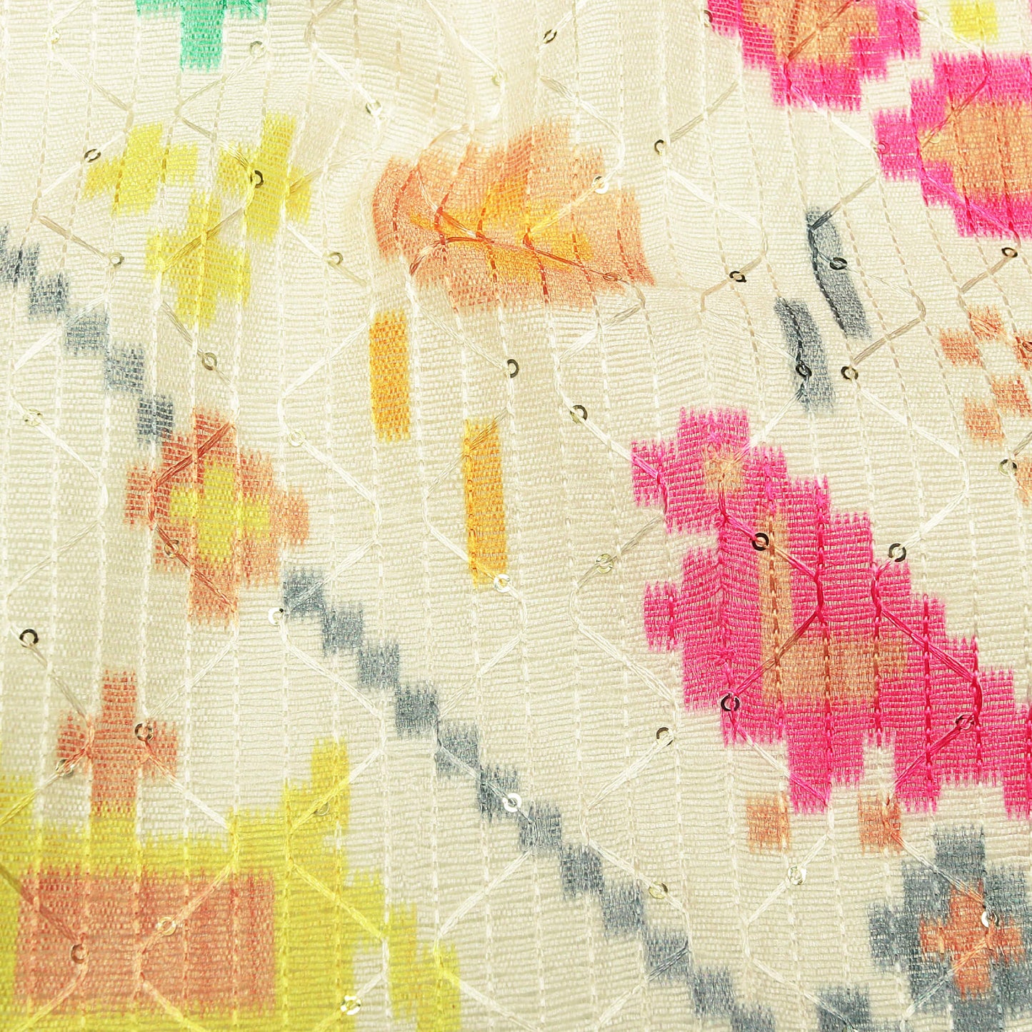 Beige And Hot Pink Patola Pattern Digital Print Sequins Embroidery Banglori Art Silk Fabric