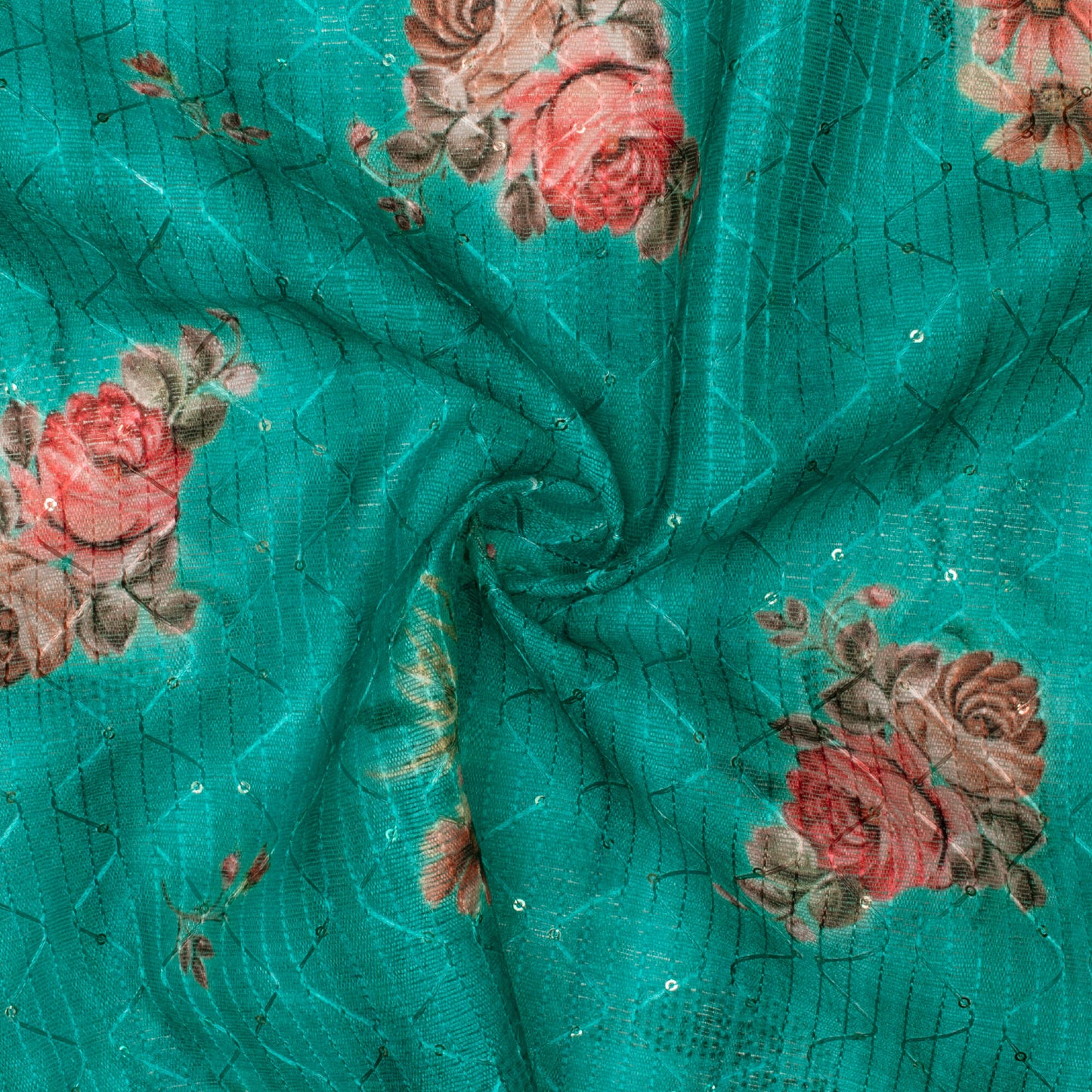 Teal Green And Brick Pink Floral Pattern Digital Print Sequins Embroidery Banglori Art Silk Fabric