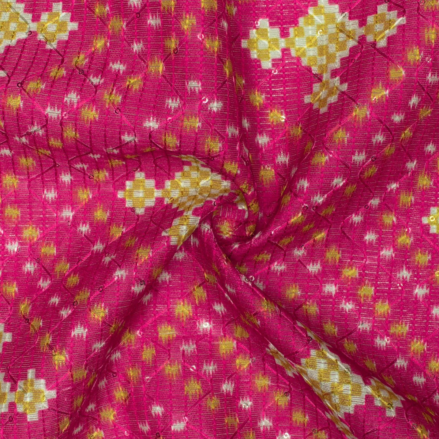 Deep Pink And Moss Green Checks Pattern Digital Print Sequins Embroidery Banglori Art Silk Fabric
