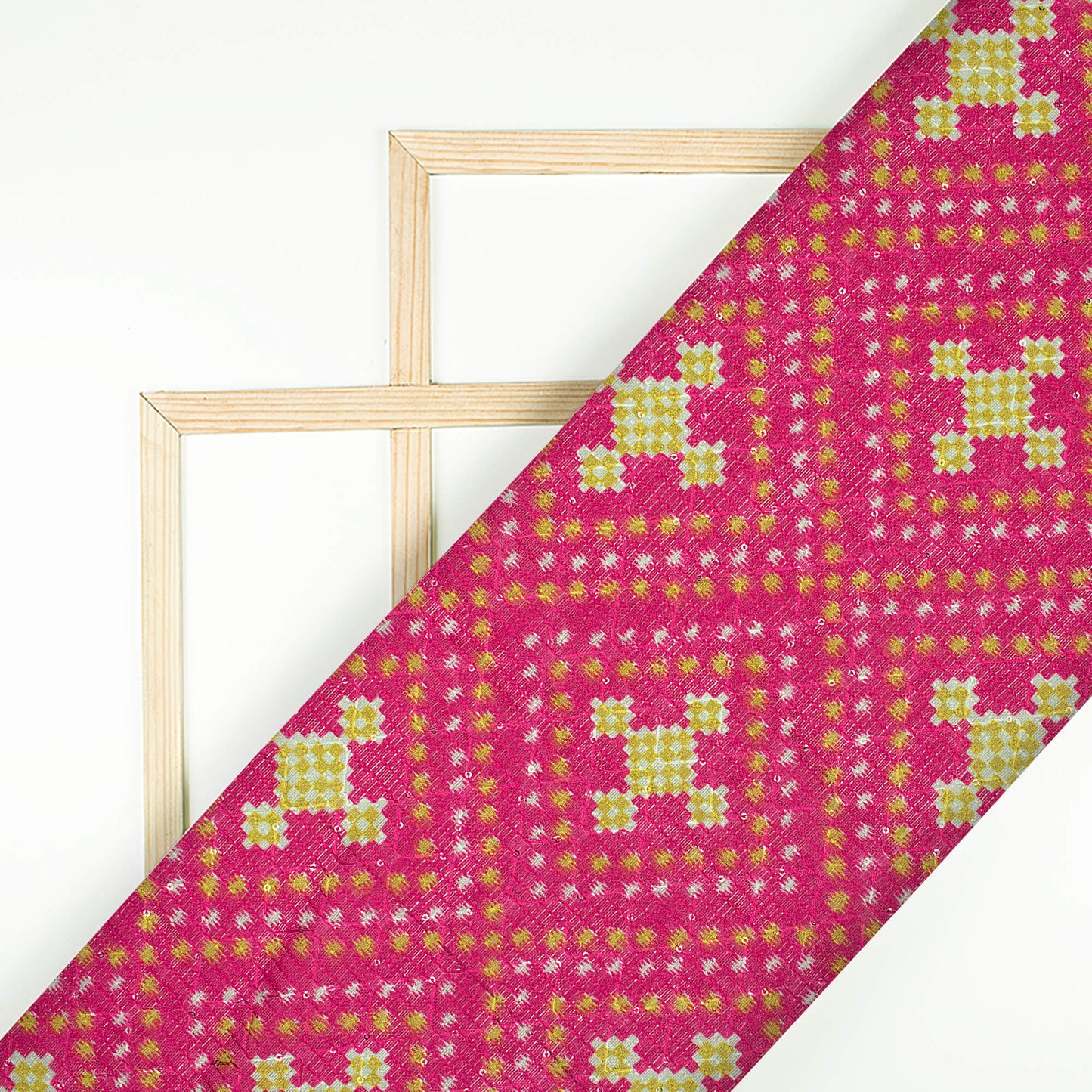 Deep Pink And Moss Green Checks Pattern Digital Print Sequins Embroidery Banglori Art Silk Fabric