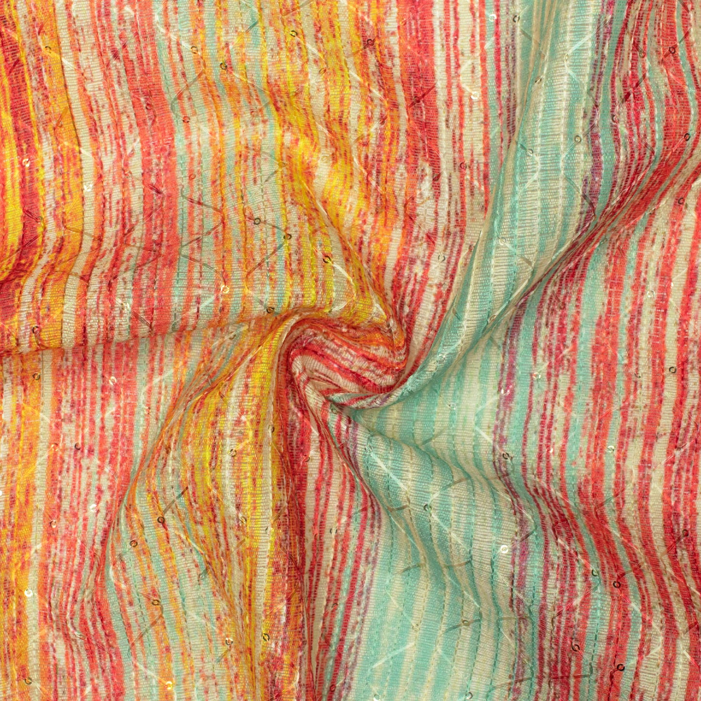 Canary Yellow And Cherry Red Stripes Pattern Digital Print Sequins Embroidery Banglori Art Silk Fabric