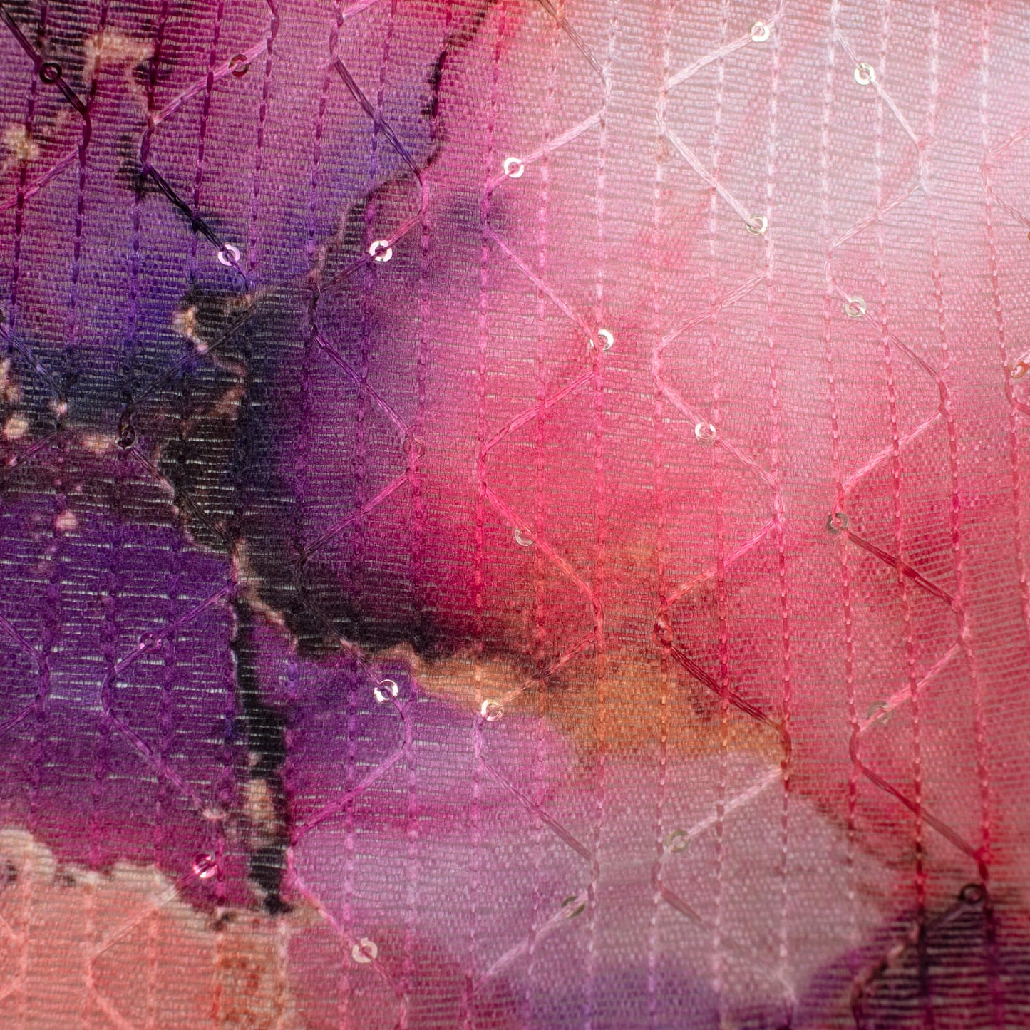 Rose Pink And Rasin Purple Marble Pattern Digital Print Sequins Embroidery Banglori Art Silk Fabric