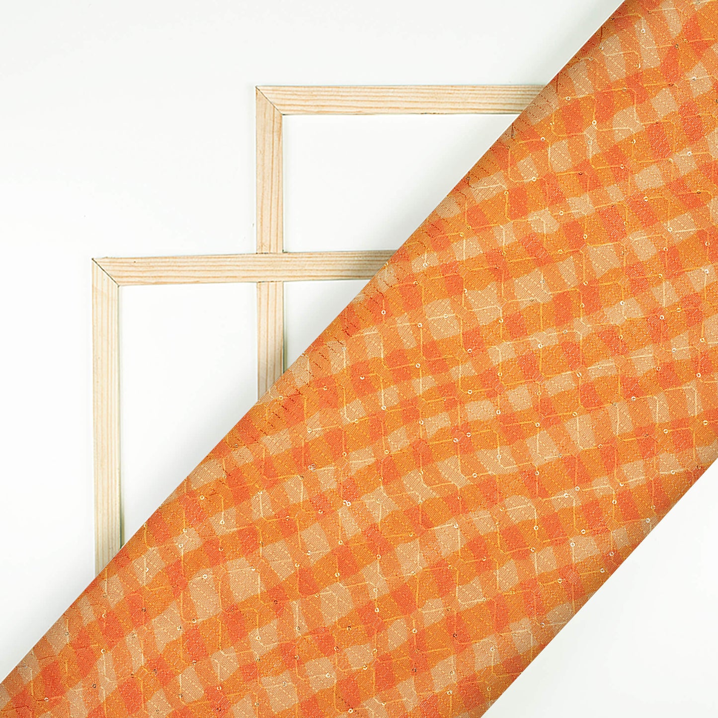 Carrot Orange And Mellow Yellow Checks Pattern Digital Print Sequins Embroidery Banglori Art Silk Fabric