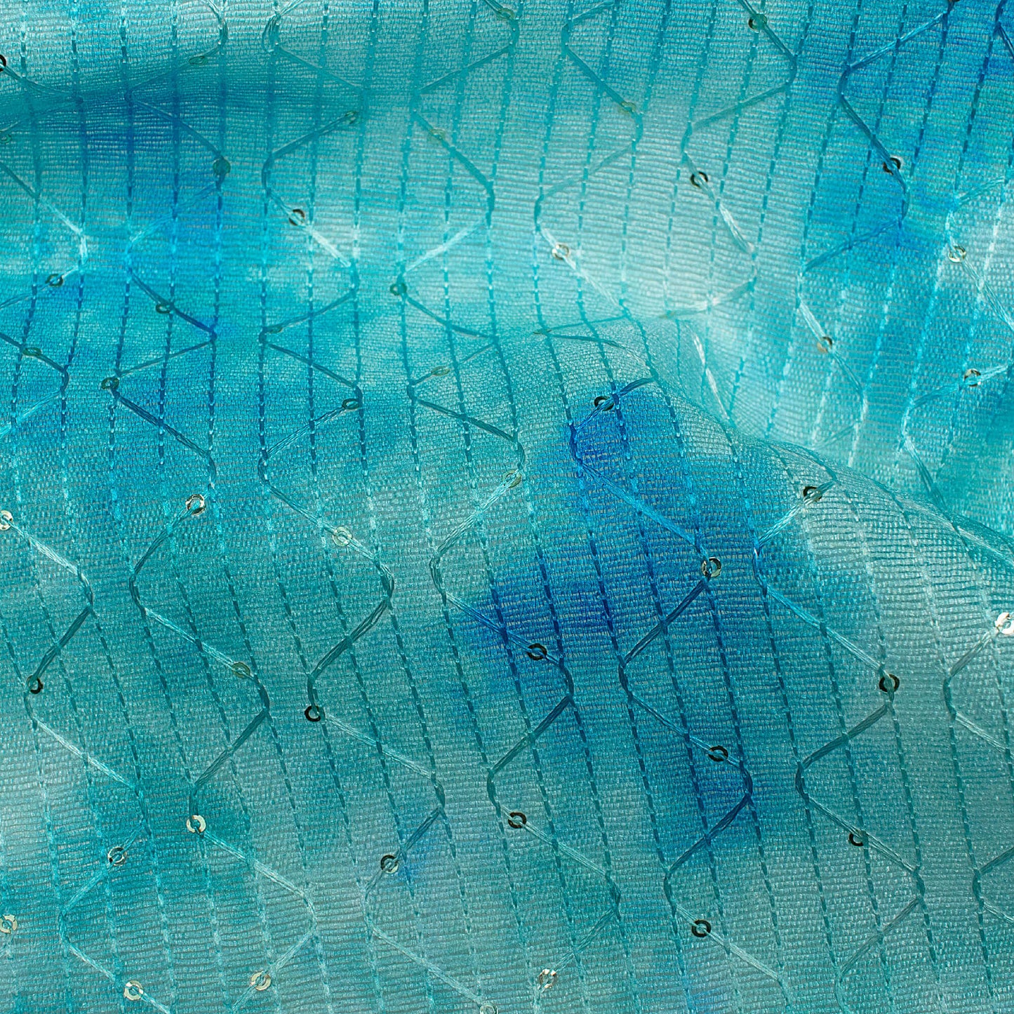 Royal Blue Tie & Dye Pattern Digital Print Sequins Embroidery Banglori Art Silk Fabric
