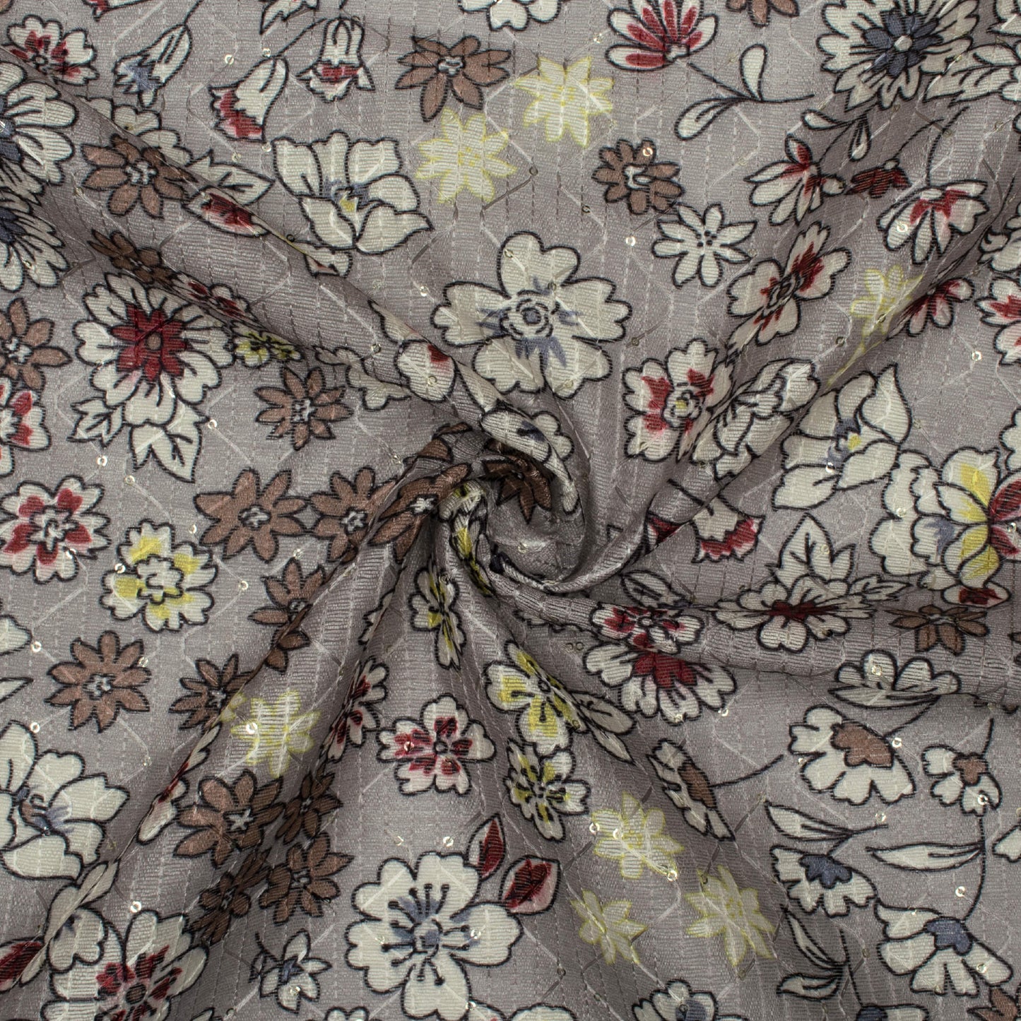 Dolphin Grey And Off White Floral Pattern Digital Print Sequins Embroidery Banglori Art Silk Fabric