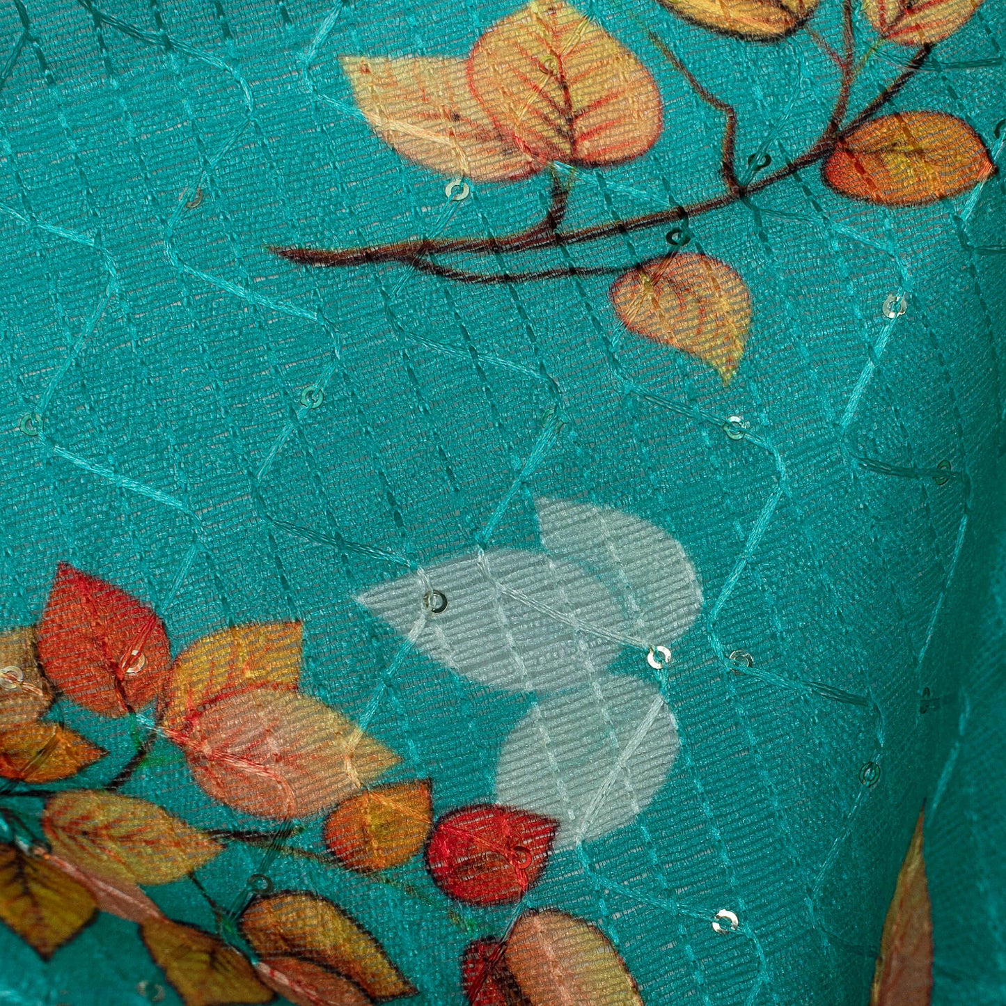 Aqua Blue And Carrot Orange Leaf Pattern Digital Print Sequins Embroidery Banglori Art Silk Fabric