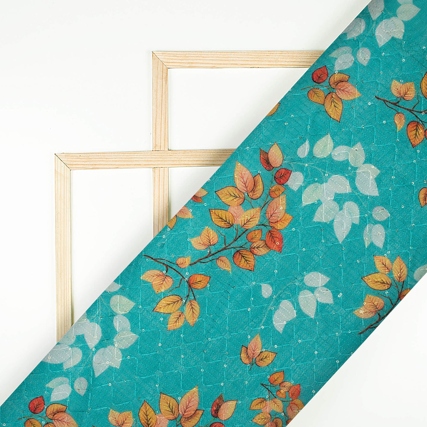 Aqua Blue And Carrot Orange Leaf Pattern Digital Print Sequins Embroidery Banglori Art Silk Fabric