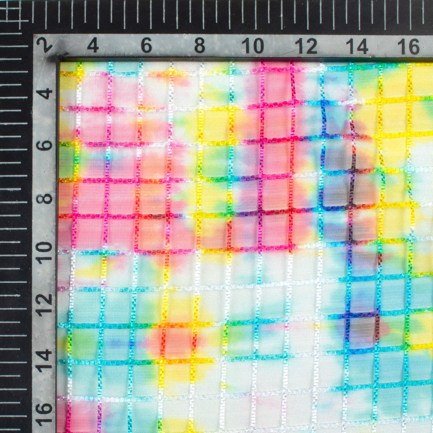 Lemon Yellow And Rose Pink Tie & Dye Pattern Checks Embroidery Digital Print Organza Tissue Fabric