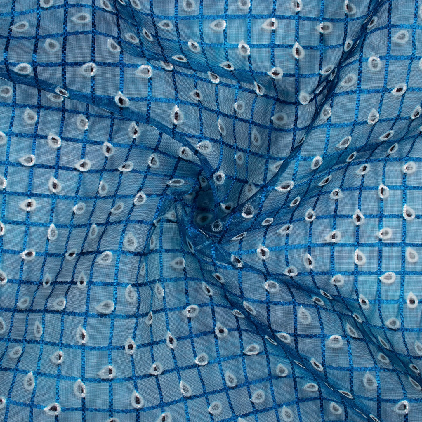 Prussian Blue And Off White Booti Pattern Checks Embroidery Digital Print Organza Tissue Fabric
