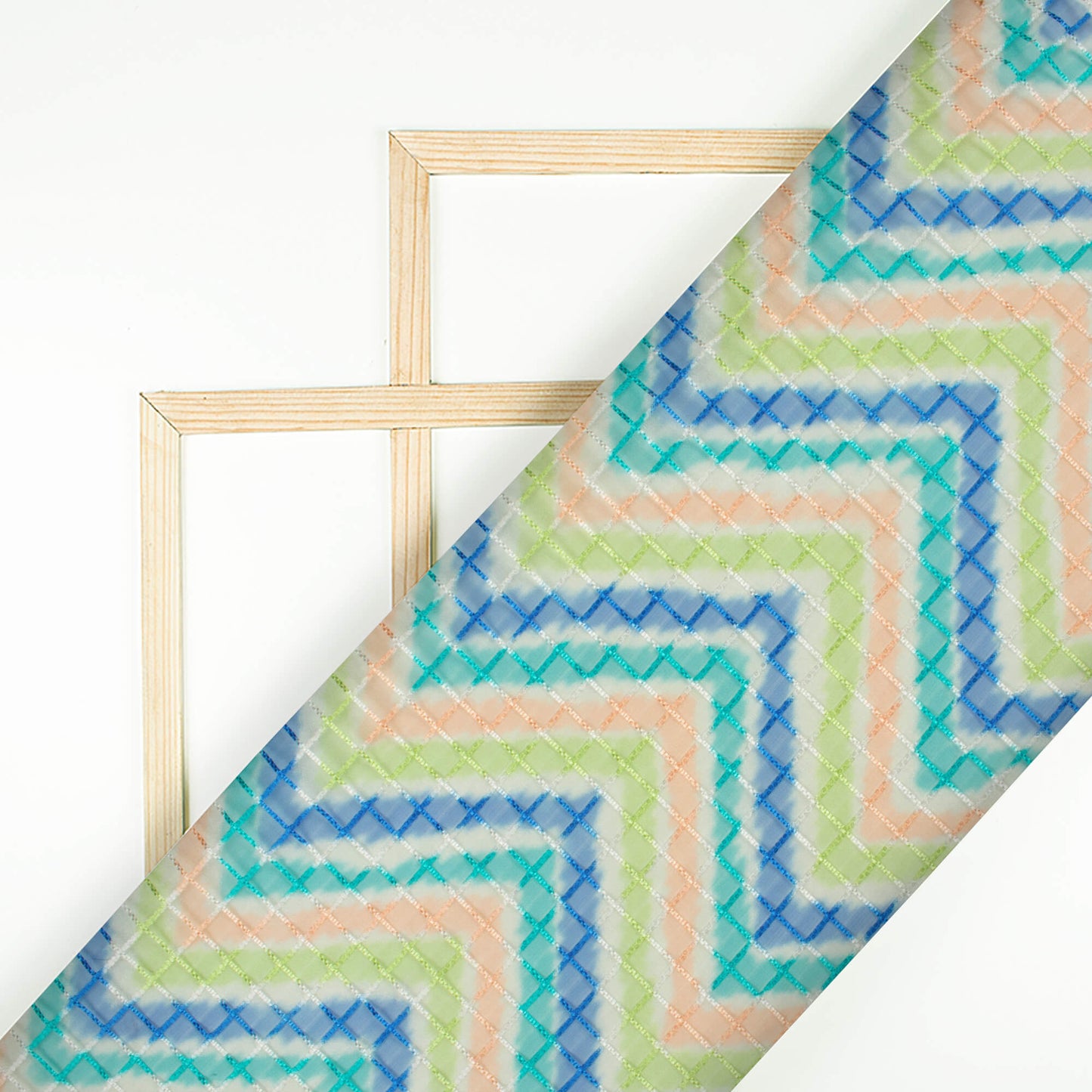 Royal Blue And Pine Green Chevron Pattern Checks Embroidery Digital Print Organza Tissue Fabric