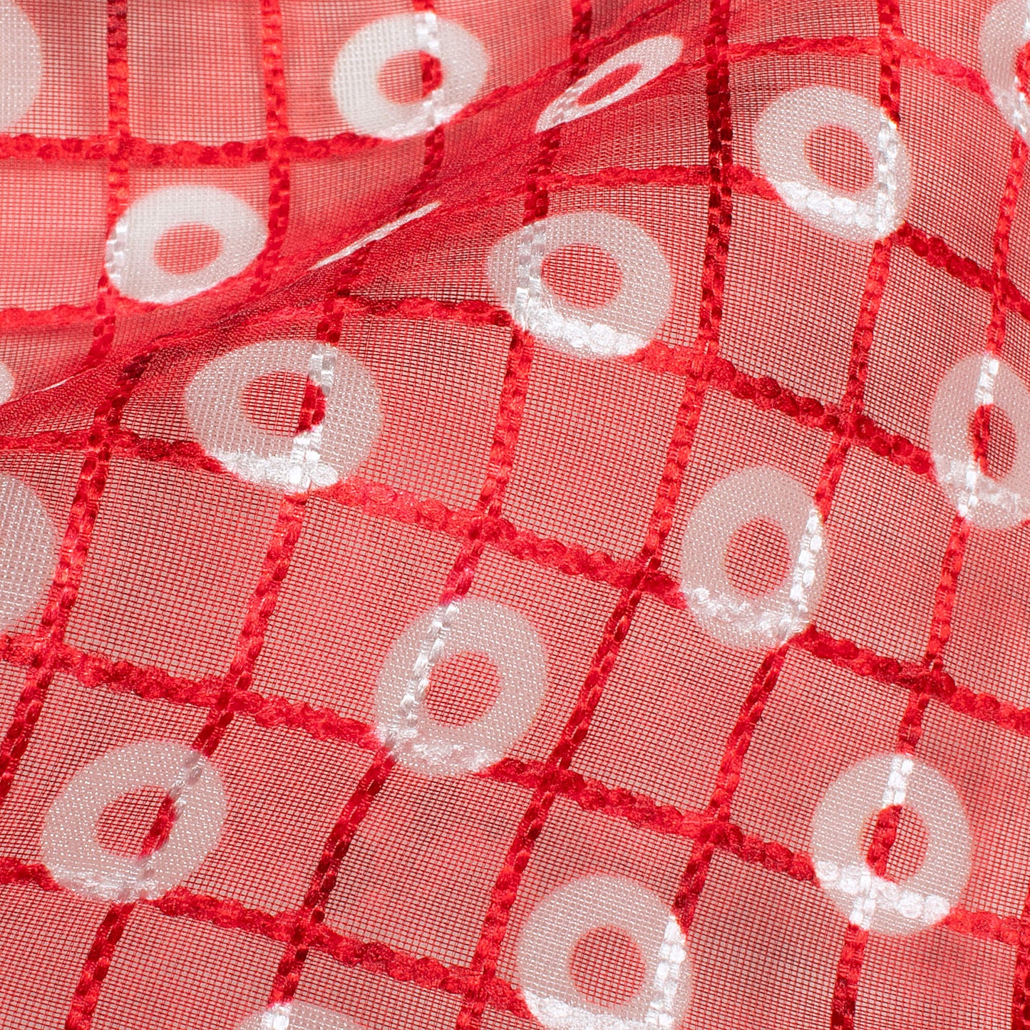 Cherry Red And White Booti Pattern Checks Embroidery Digital Print Organza Tissue Fabric