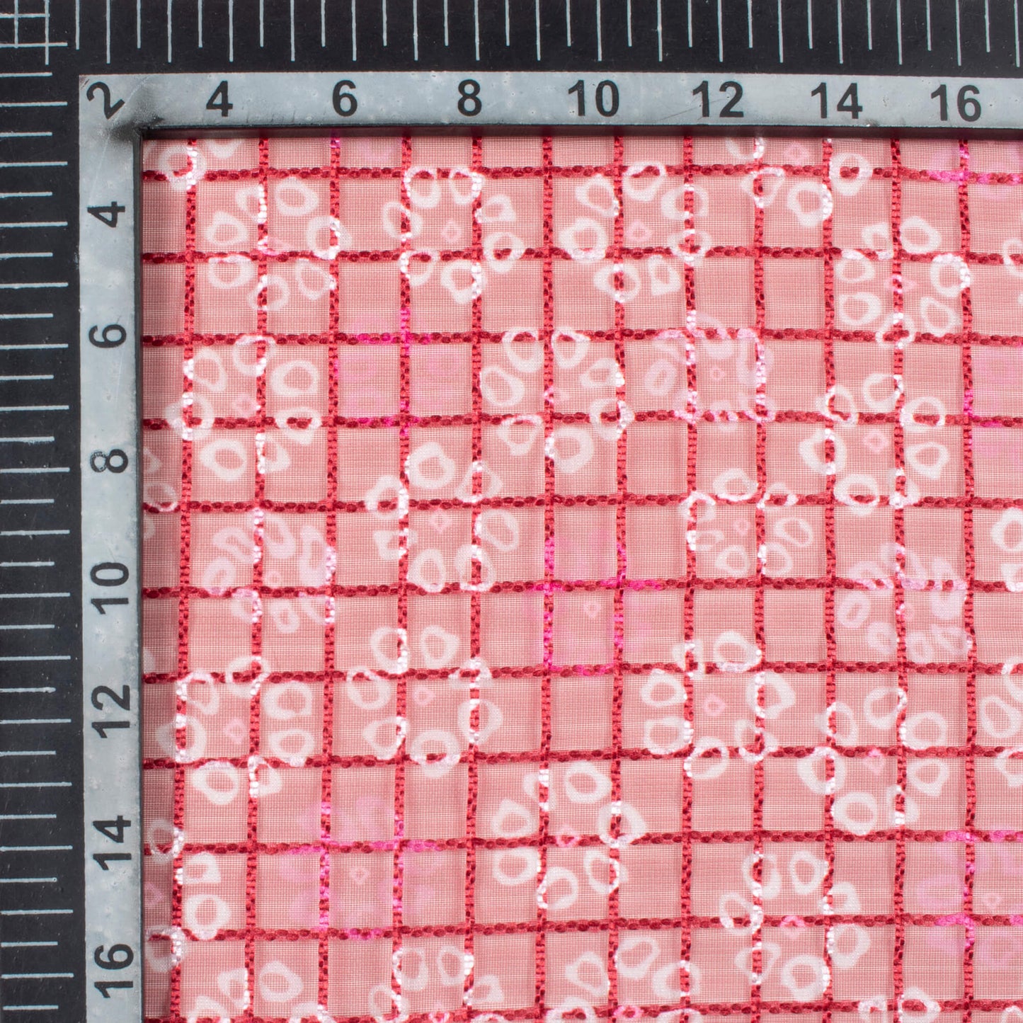 Deep Pink And White Floral Pattern Checks Embroidery Digital Print Organza Tissue Fabric