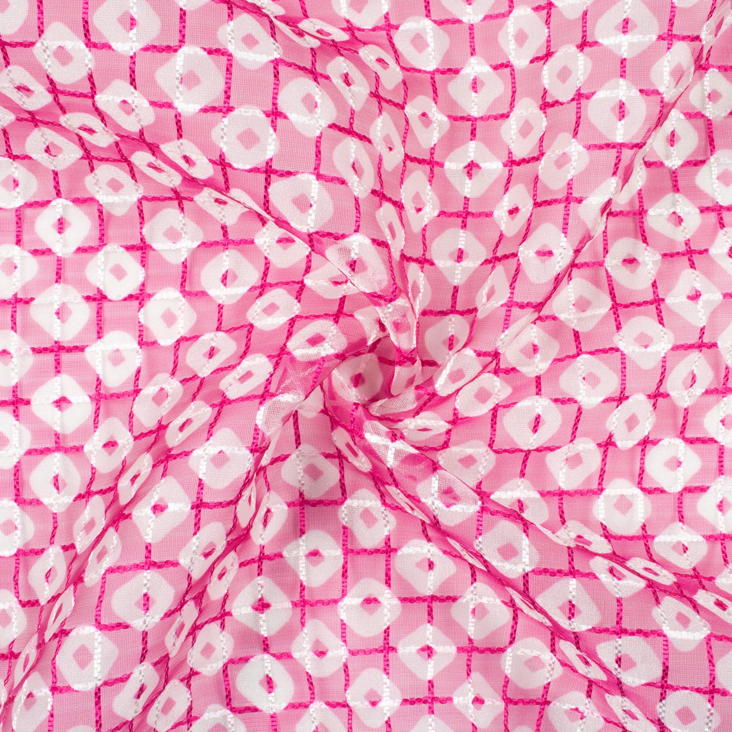 Rose Pink And White Bandhani Pattern Checks Embroidery Digital Print Organza Tissue Fabric