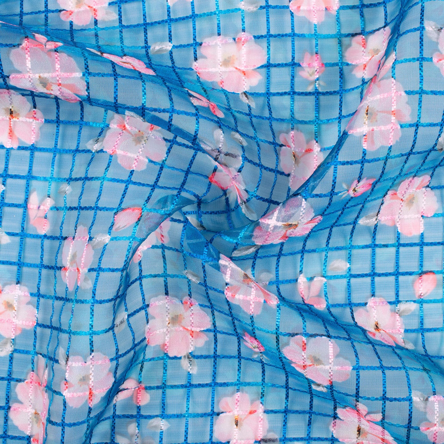 Azure Blue And Taffy Pink Floral Pattern Checks Embroidery Digital Print Organza Tissue Fabric