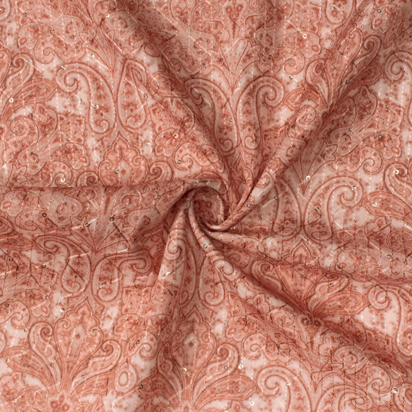 Flamingo Pink Paisley Pattern Sequins Embroidery Digital Print Ultra Premium Butter Crepe Fabric