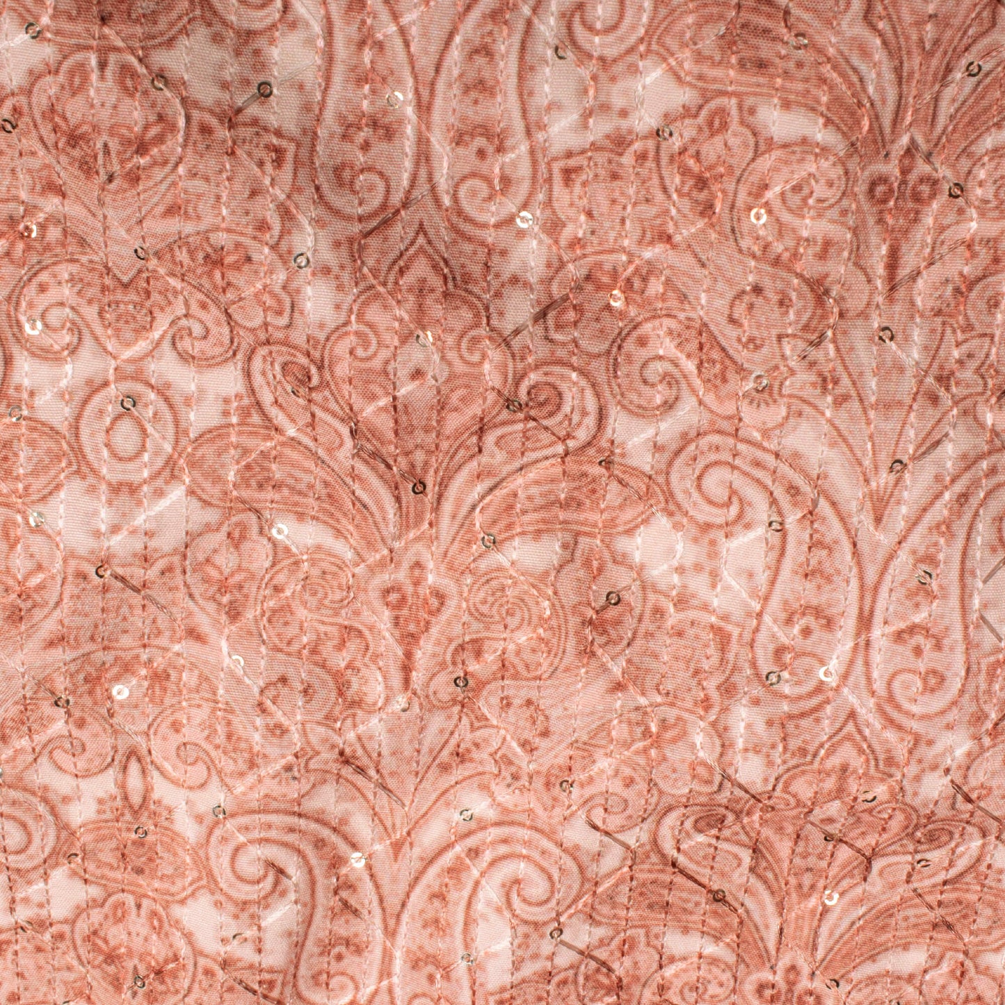 Flamingo Pink Paisley Pattern Sequins Embroidery Digital Print Ultra Premium Butter Crepe Fabric