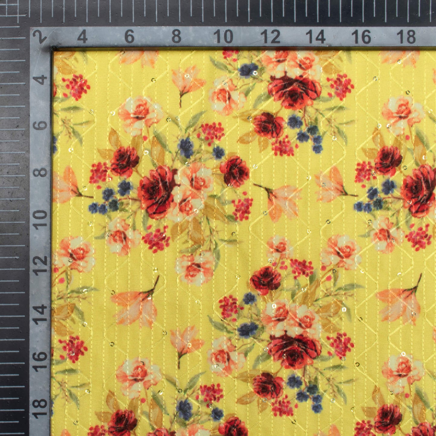 Lemon Yellow And Ruby Red Floral Pattern Sequins Embroidery Digital Print Ultra Premium Butter Crepe Fabric