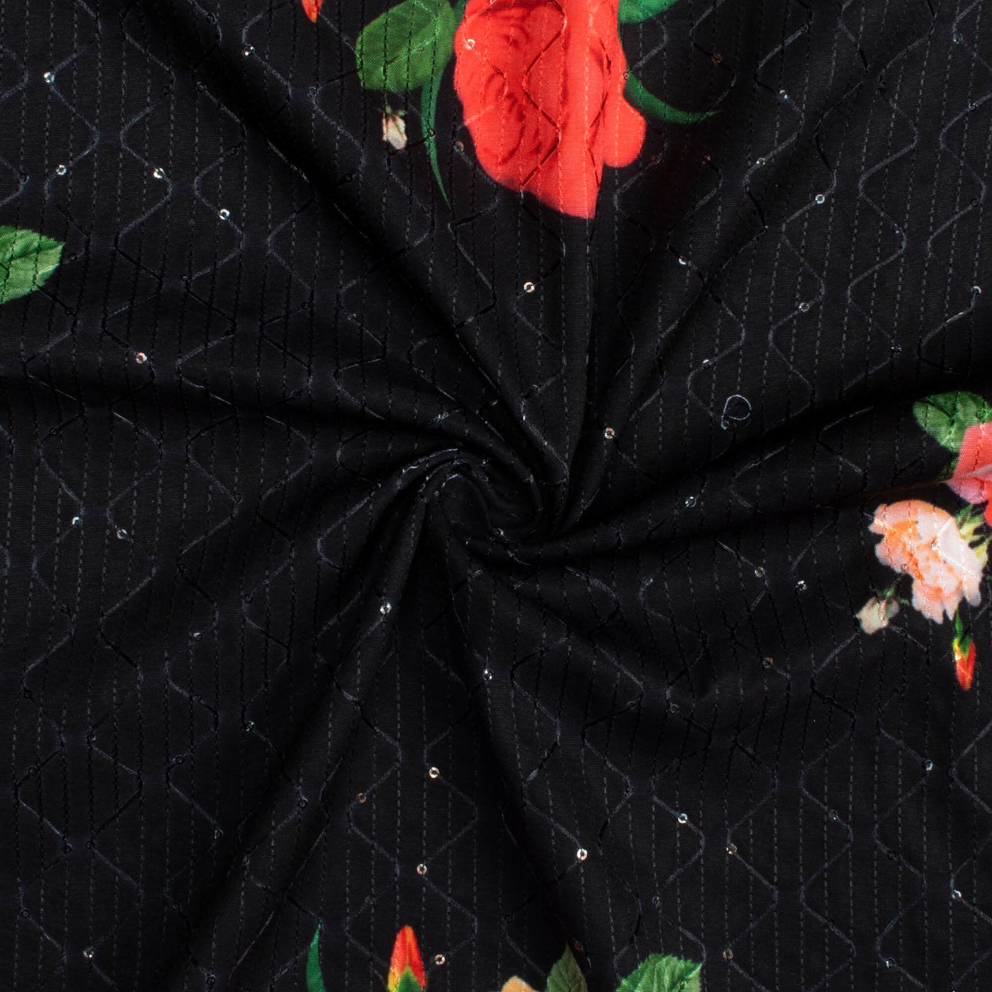 Black And Rose Red Floral Pattern Sequins Embroidery Digital Print Ultra Premium Butter Crepe Fabric