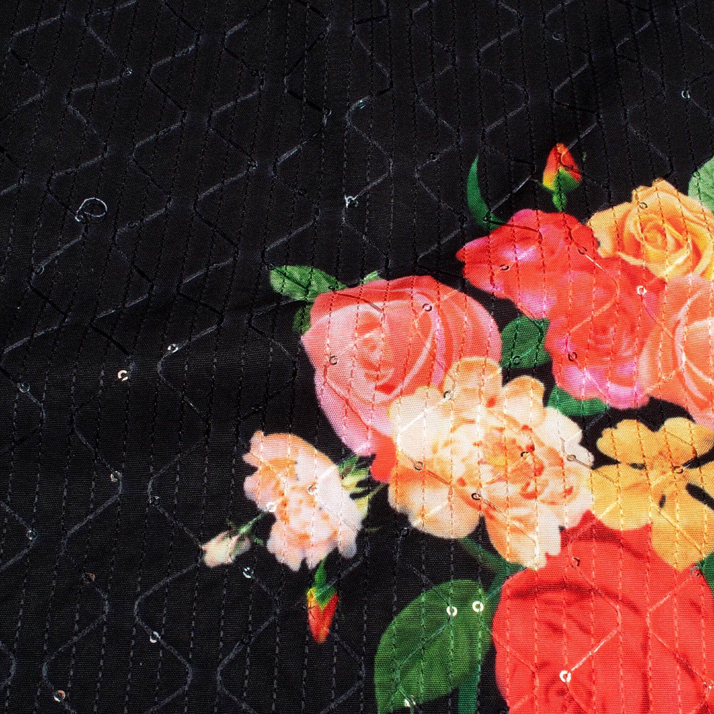 Black And Rose Red Floral Pattern Sequins Embroidery Digital Print Ultra Premium Butter Crepe Fabric