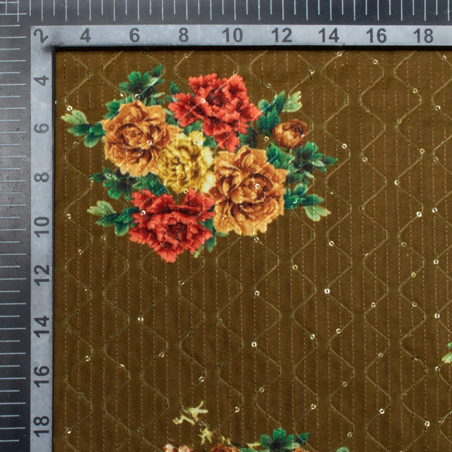 Olive Green And Red Floral Pattern Sequins Embroidery Digital Print Ultra Premium Butter Crepe Fabric
