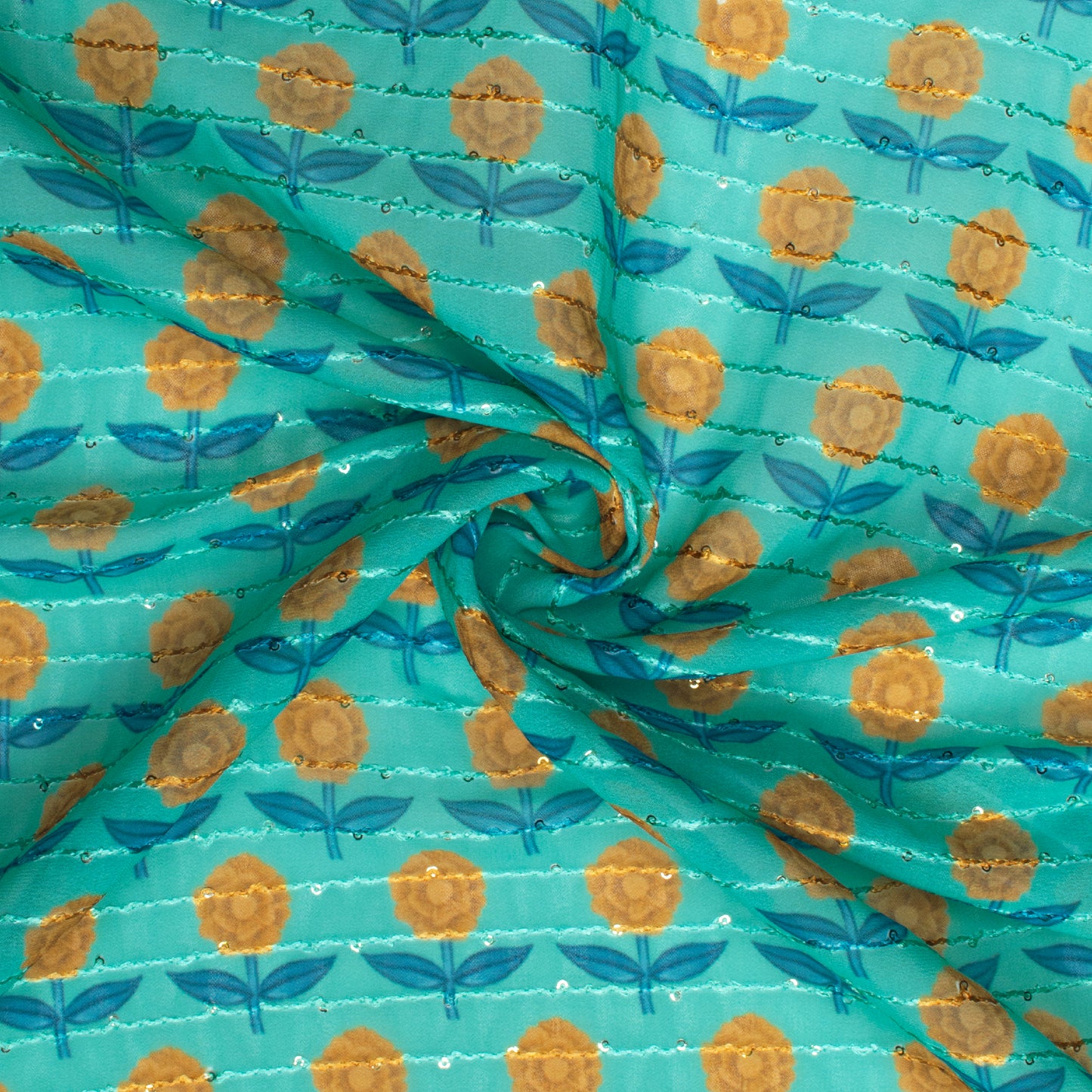 Turquoise And Yellow Floral Pattern Premium Sequins Digital Print Georgette Fabric