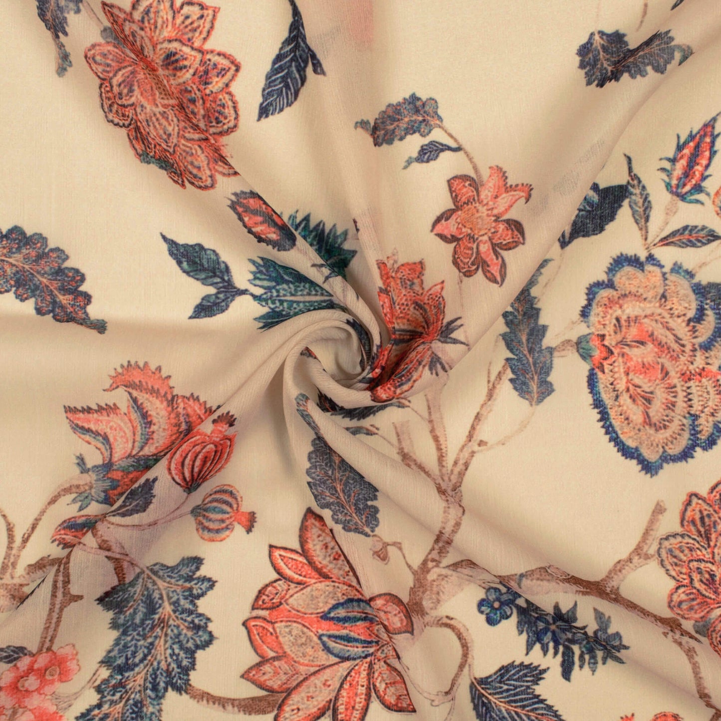Beige And Cherry Red Floral Pattern Digital Print Chiffon Fabric