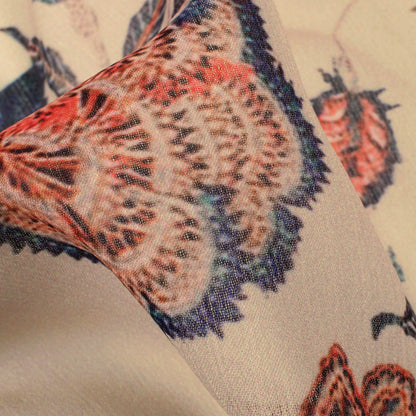 Beige And Cherry Red Floral Pattern Digital Print Chiffon Fabric