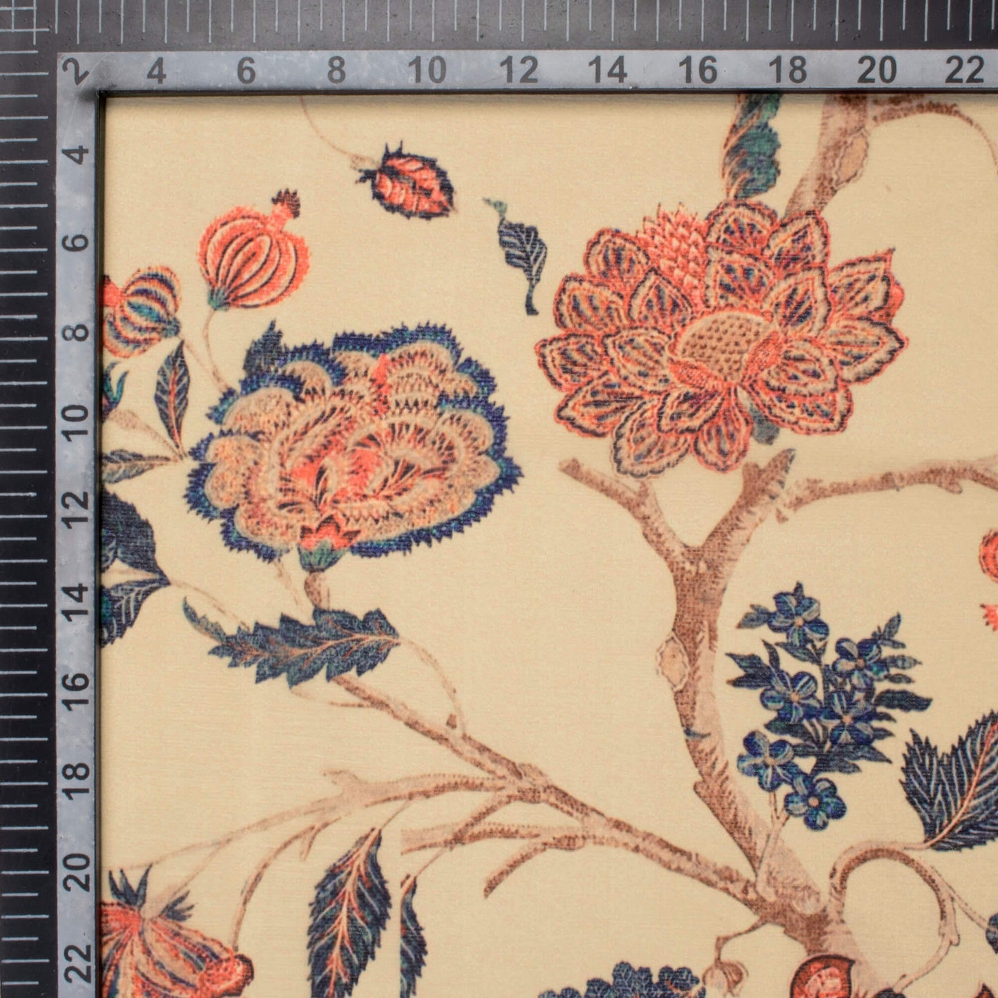 Beige And Cherry Red Floral Pattern Digital Print Chiffon Fabric