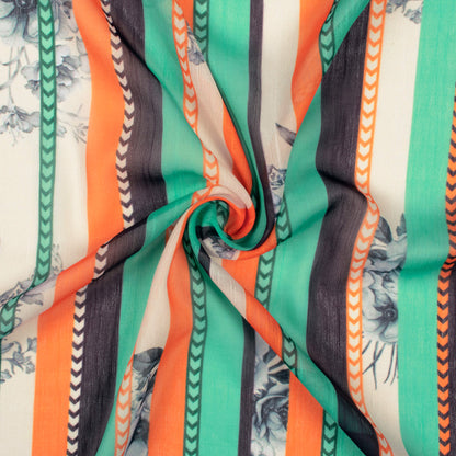 Ocean Green And Carrot Orange Stripes Pattern Digital Print Chiffon Fabric