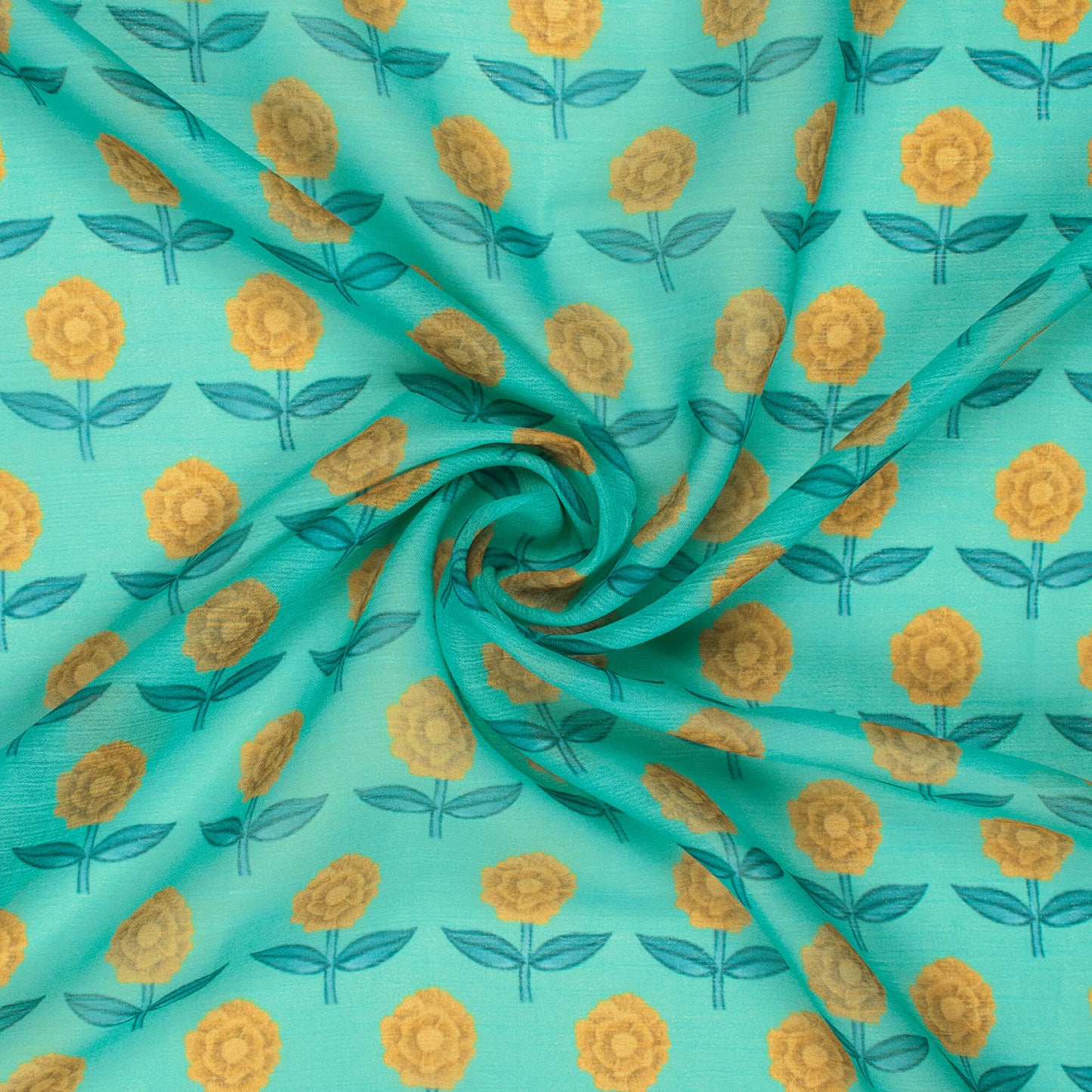 Turquoise And Yellow Floral Pattern Digital Print Chiffon Fabric