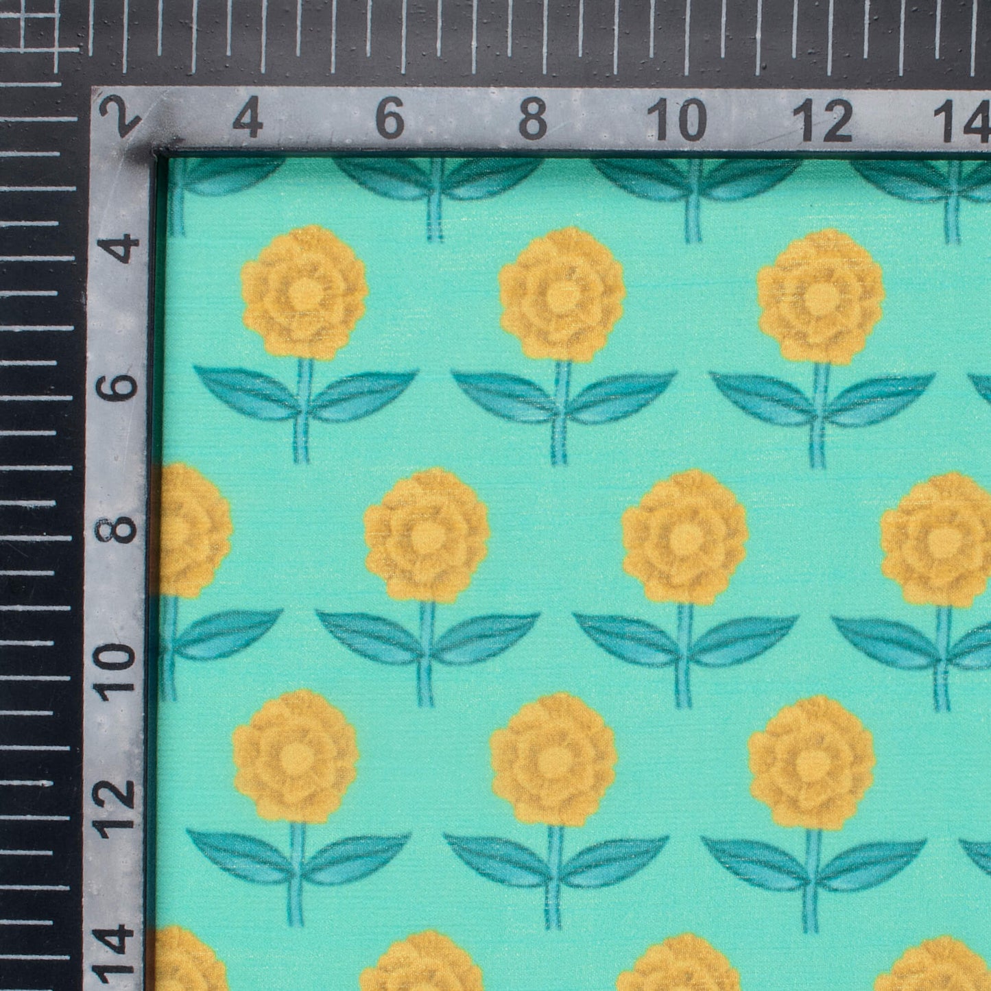 Turquoise And Yellow Floral Pattern Digital Print Chiffon Fabric