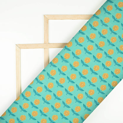 Turquoise And Yellow Floral Pattern Digital Print Chiffon Fabric