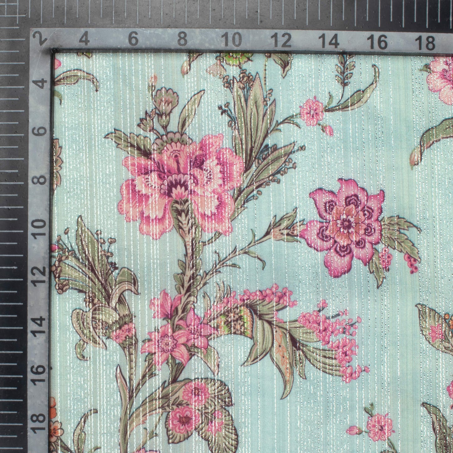 Light Blue And Rose Pink Floral Pattern Digital Print Silver Lurex Jacquard Fabric (Width 54 Inches)