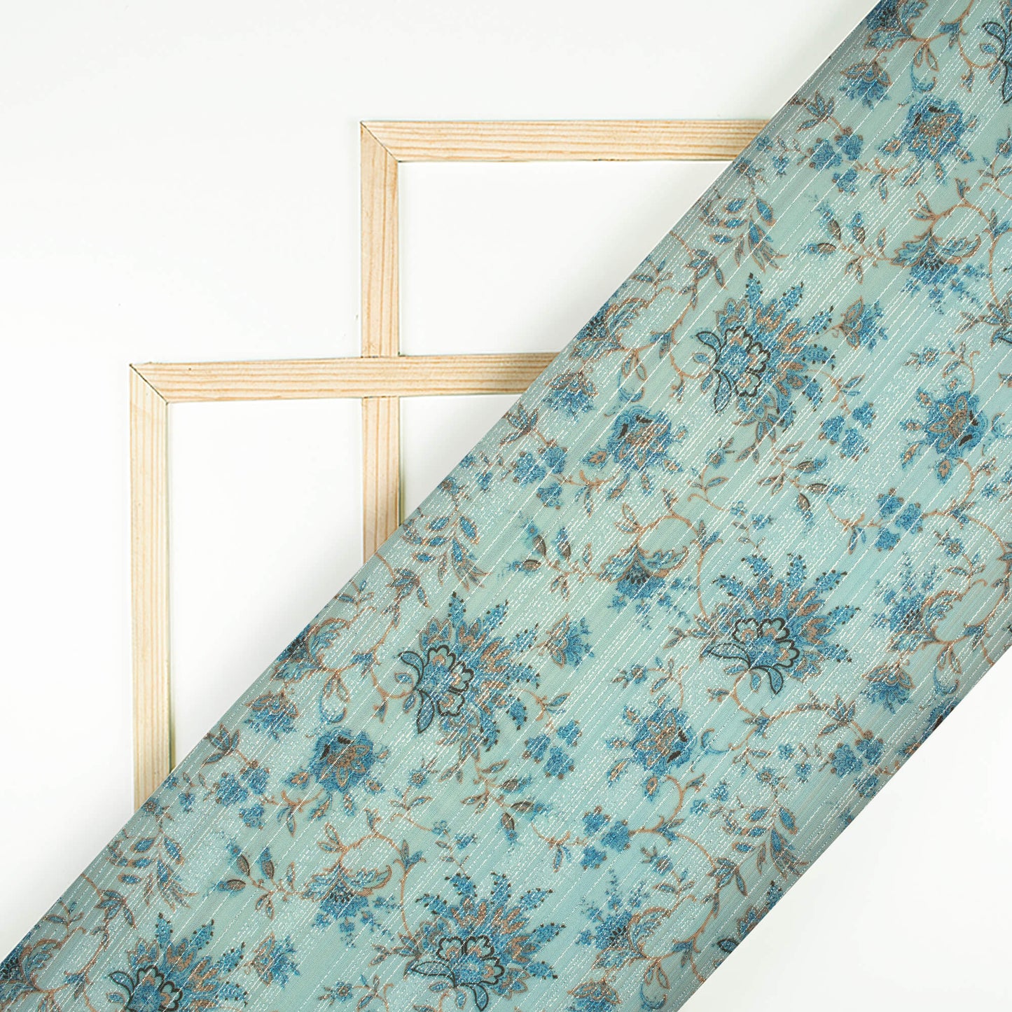 Maya Blue Floral Pattern Digital Print Silver Lurex Jacquard Fabric (Width 54 Inches)