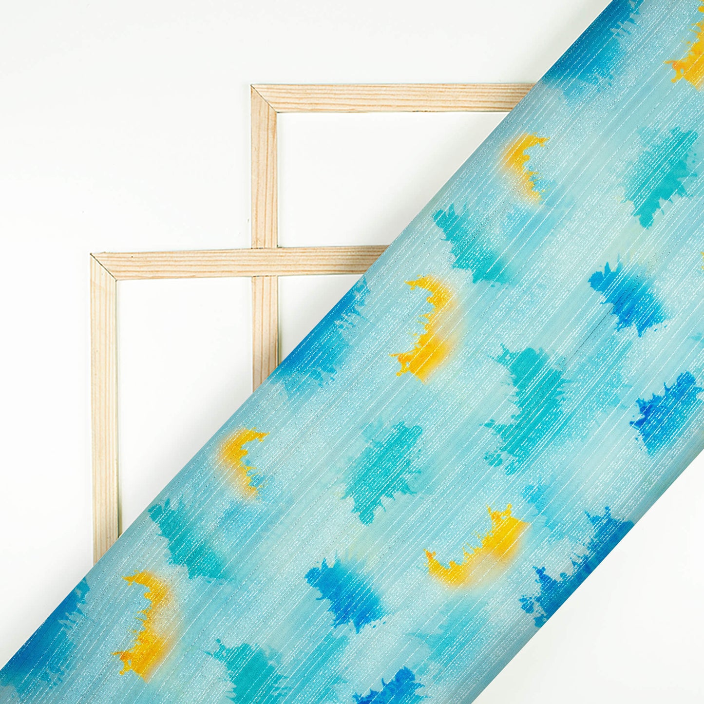 Sky Blue And Yellow Abstract Pattern Digital Print Silver Lurex Jacquard Fabric (Width 54 Inches)