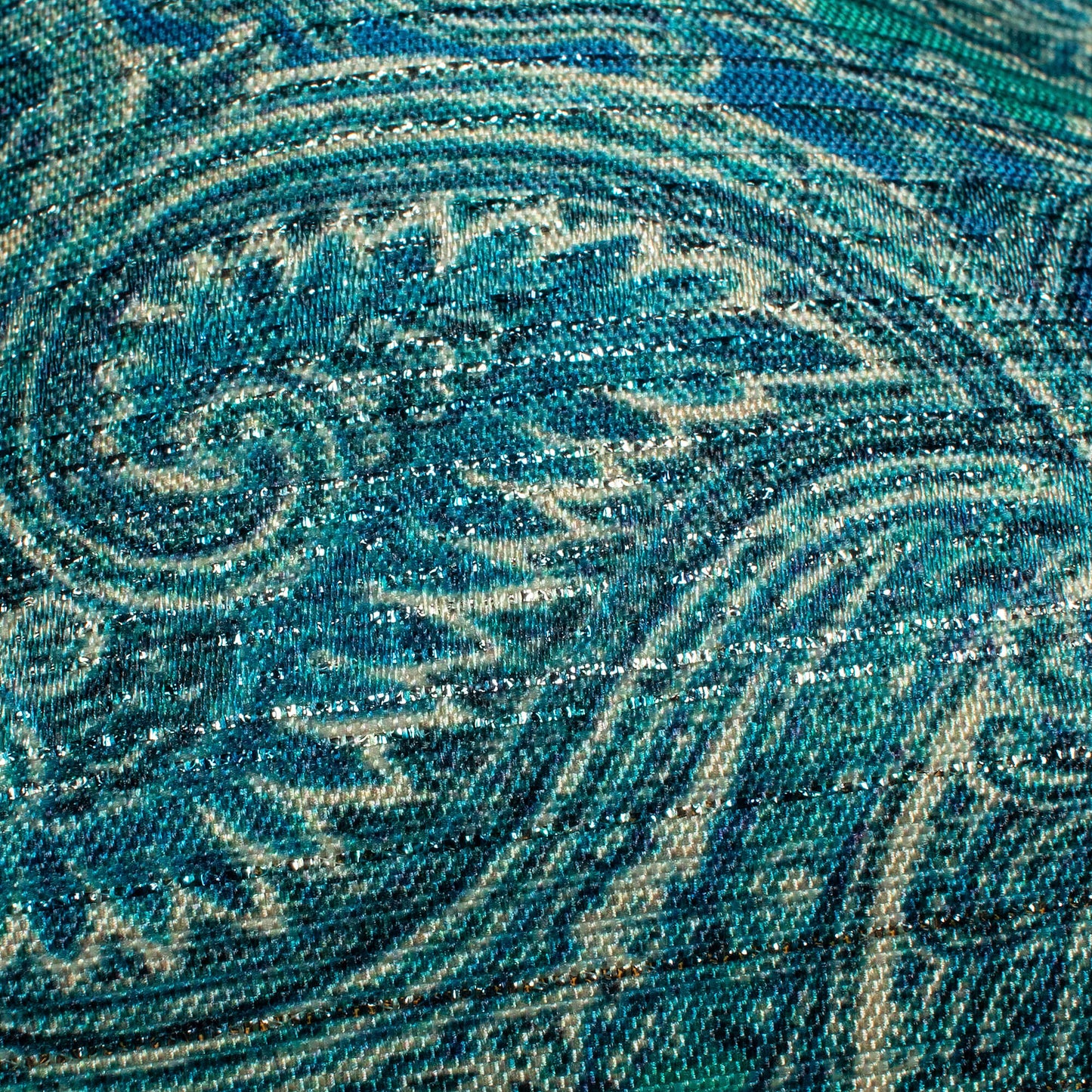 Royal Blue And Jade Green Paisley Pattern Digital Print Silver Lurex Jacquard Fabric (Width 54 Inches)