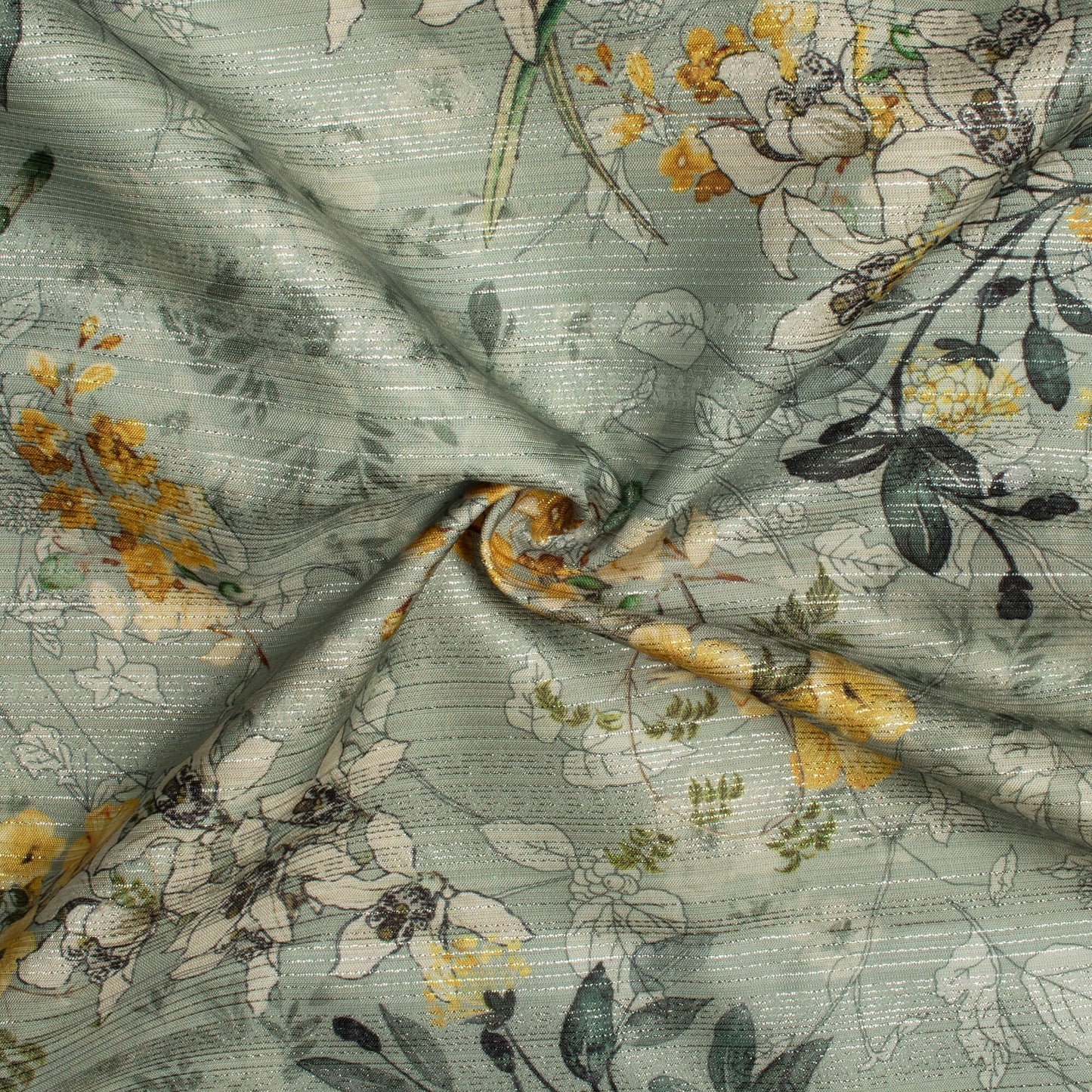 Laurel Green And Laguna Yellow Floral Pattern Digital Print Silver Lurex Jacquard Fabric (Width 54 Inches)