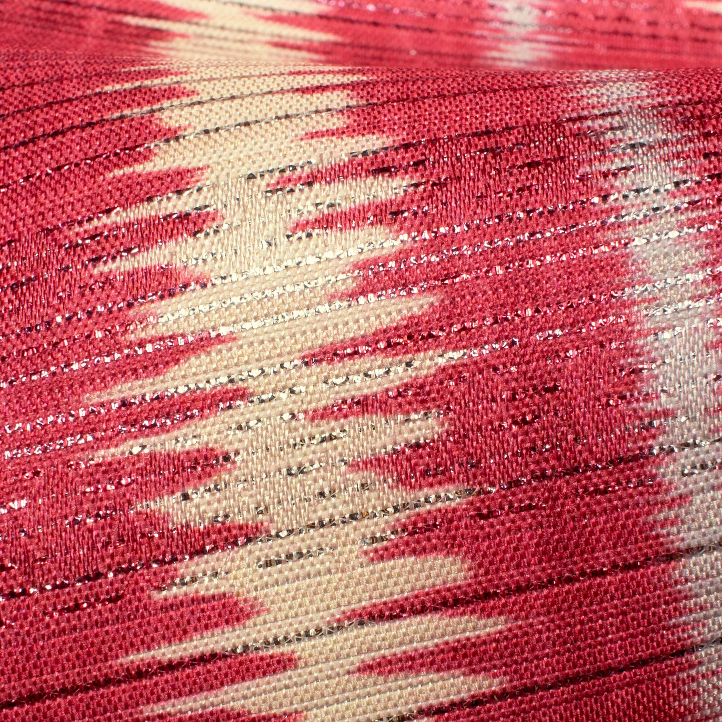 Cerise Pink And Cream Stripes Pattern Digital Print Silver Lurex Jacquard Fabric (Width 54 Inches)